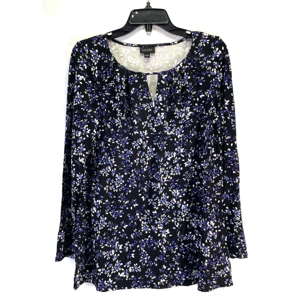 J. Jill Wearever Blue Black Floral Print Long Sleeve Blouse Size Small NWT